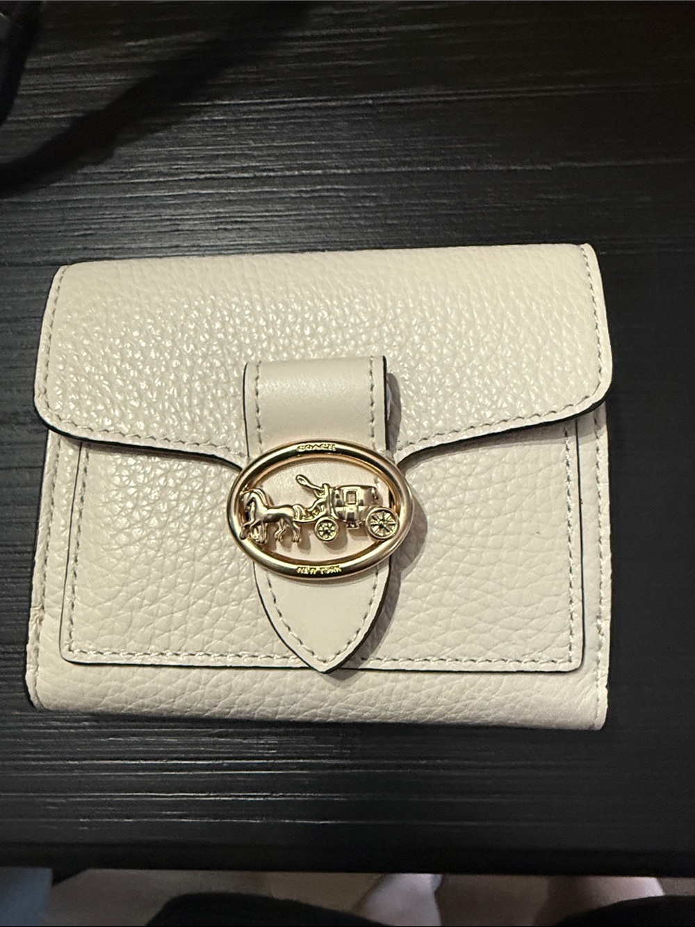 Cream Leather Compact Wallet with Gold Horse-Drawn Carriage Detail
